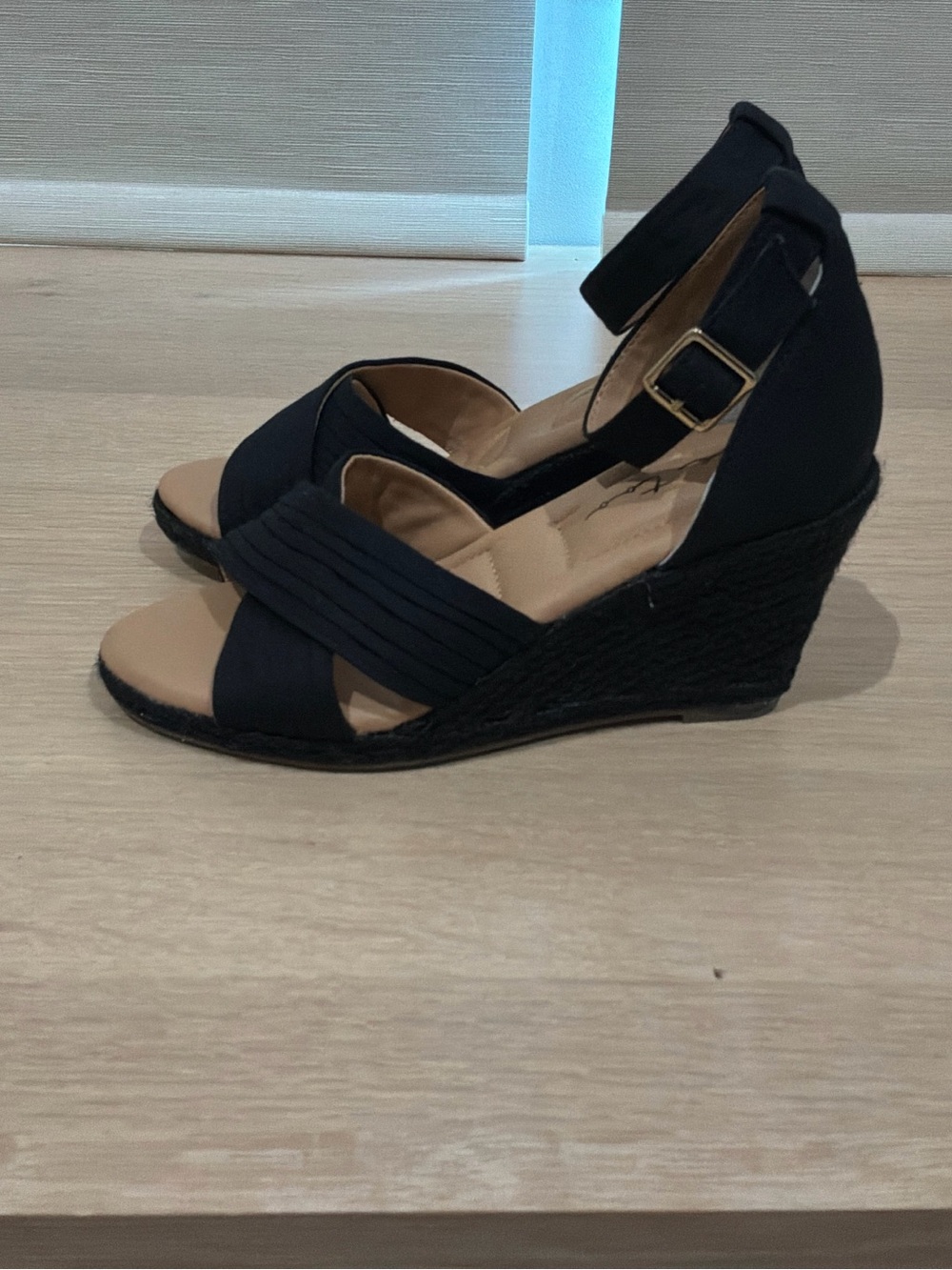Bellini Black Espadrille Wedge Sandals with Ankle Buckle